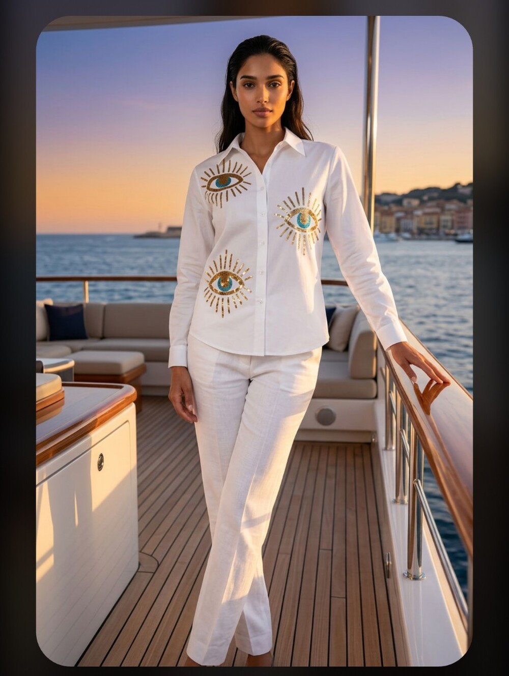 NWT Women’s White Eye-Embellished Button Shirt